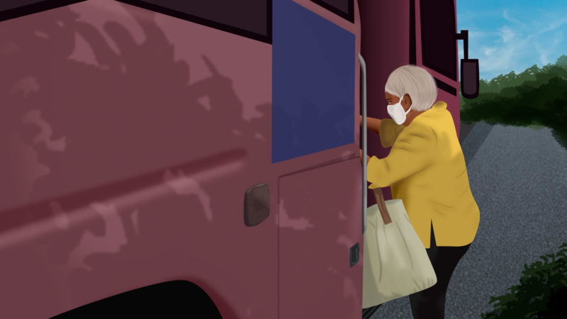 Mujer mayor subiendo a un autobus - Ilustración Ivanna Balzán
