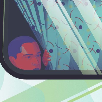 Hombre asomado en la ventana de un autobus - Ilustración: Celina Guerra