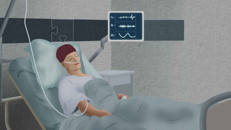 Mujer enferma hospitalizada - Ilustración: Ivanna Balzán