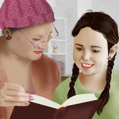 Abuela y nieta viendo un libro - Ilustración: Ivanna Balzán
