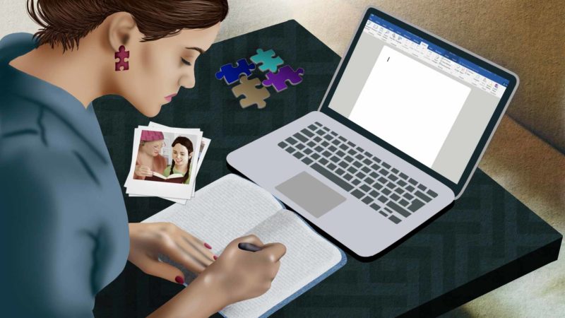 Mujer escribiendo en un cuaderno junto a una laptop - Ilustración: Ivanna Balzán