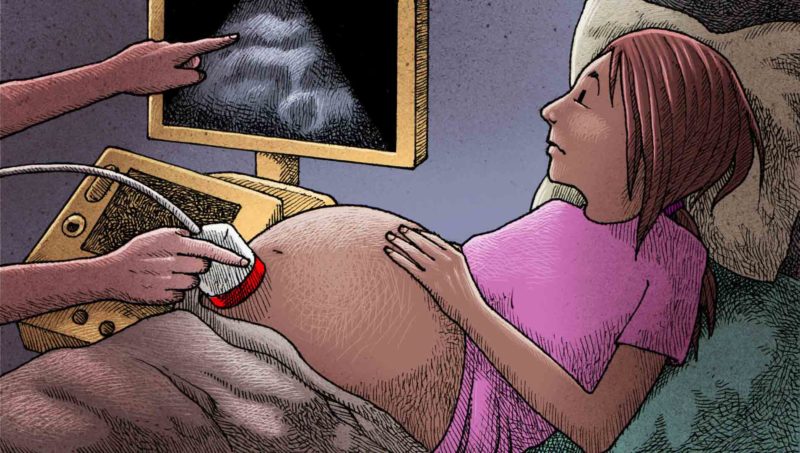 Adolescente embarazada en consulta médica - Ilustración: Walther Sorg